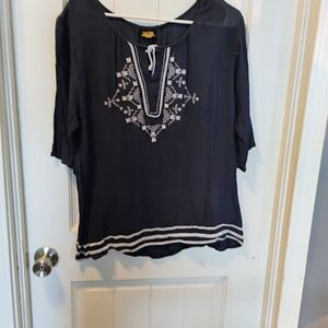 Navy Embroidered Peasant Tunic Top - Unbranded